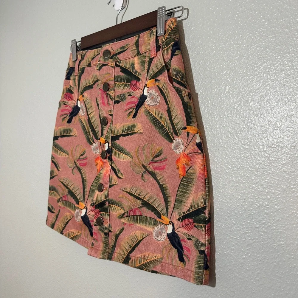 Farm Rio for Anthropologie Pink Tropical Toucan Button Front Mini Skirt XXS